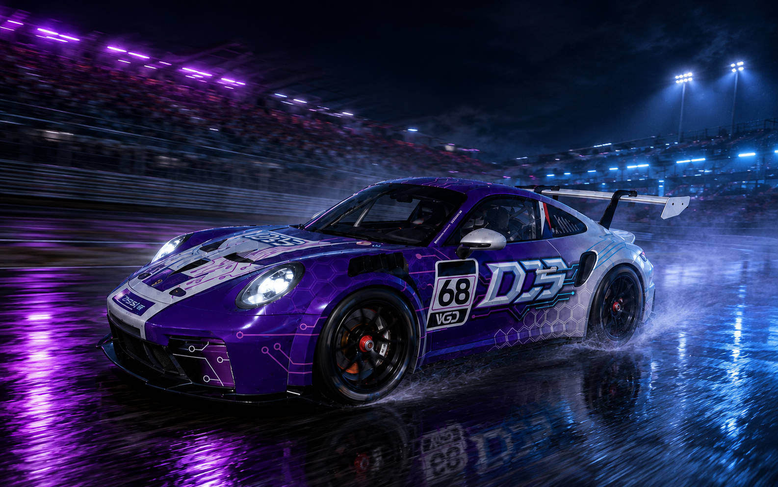 Fialové závodní Porsche DDS číslo 68